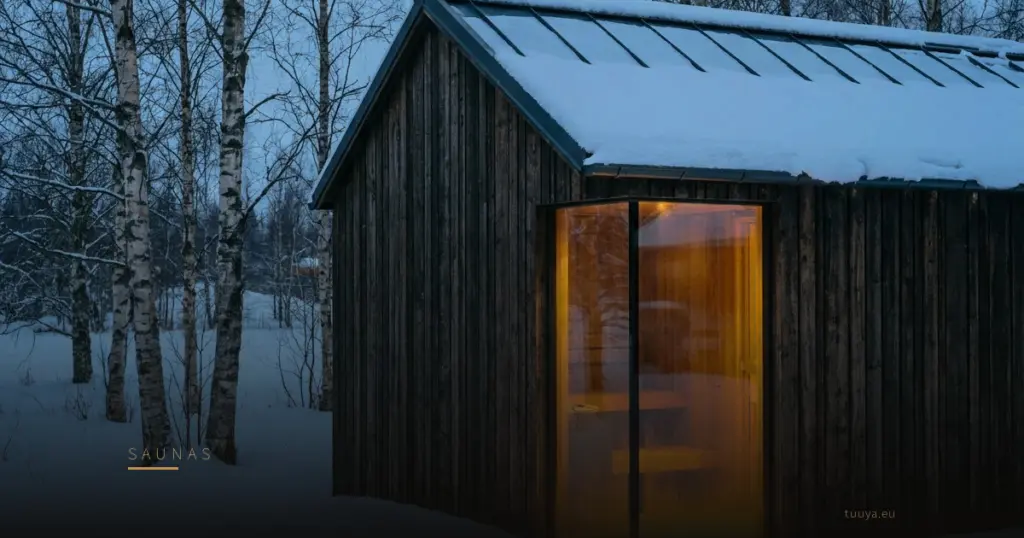 A compact garden sauna in deep snow with warm light through the glass wall