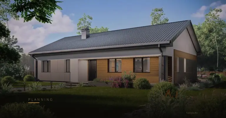 Entrance side in pale render, horizontal timber cladding and a vertical timber screen