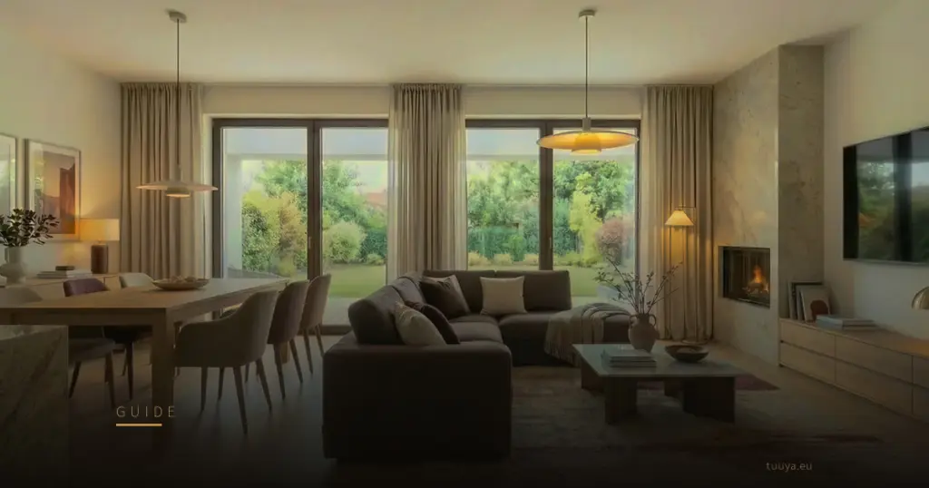 Living and dining render around a stone-framed fireplace with garden glazing
