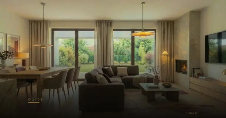 Living and dining render around a stone-framed fireplace with garden glazing