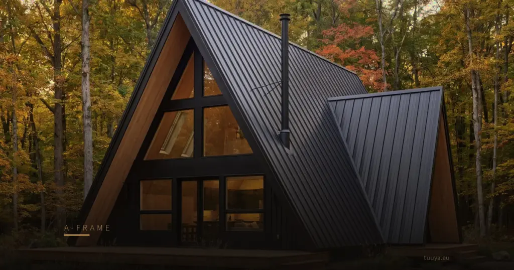 Black standing-seam A-frame in autumn woodland, built by TUUYA