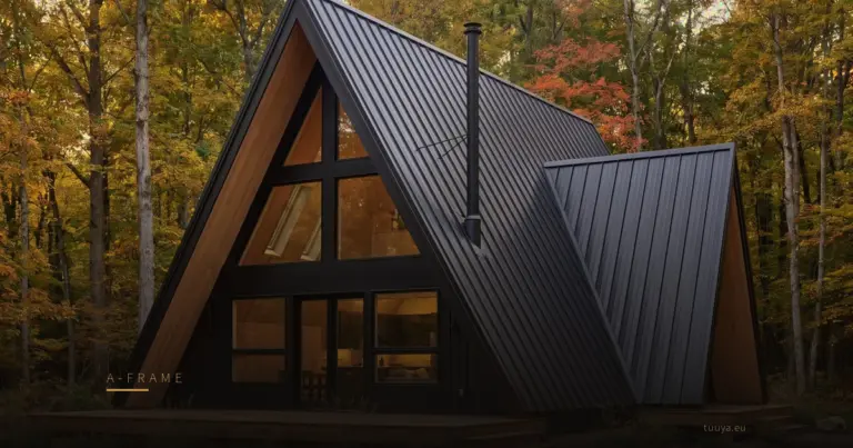 Black standing-seam A-frame in autumn woodland, built by TUUYA