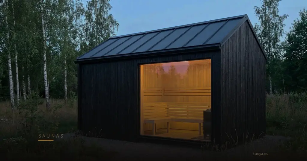 Insulated garden sauna with a panoramic glass wall at dusk, dark timber cladding under a standing seam roof