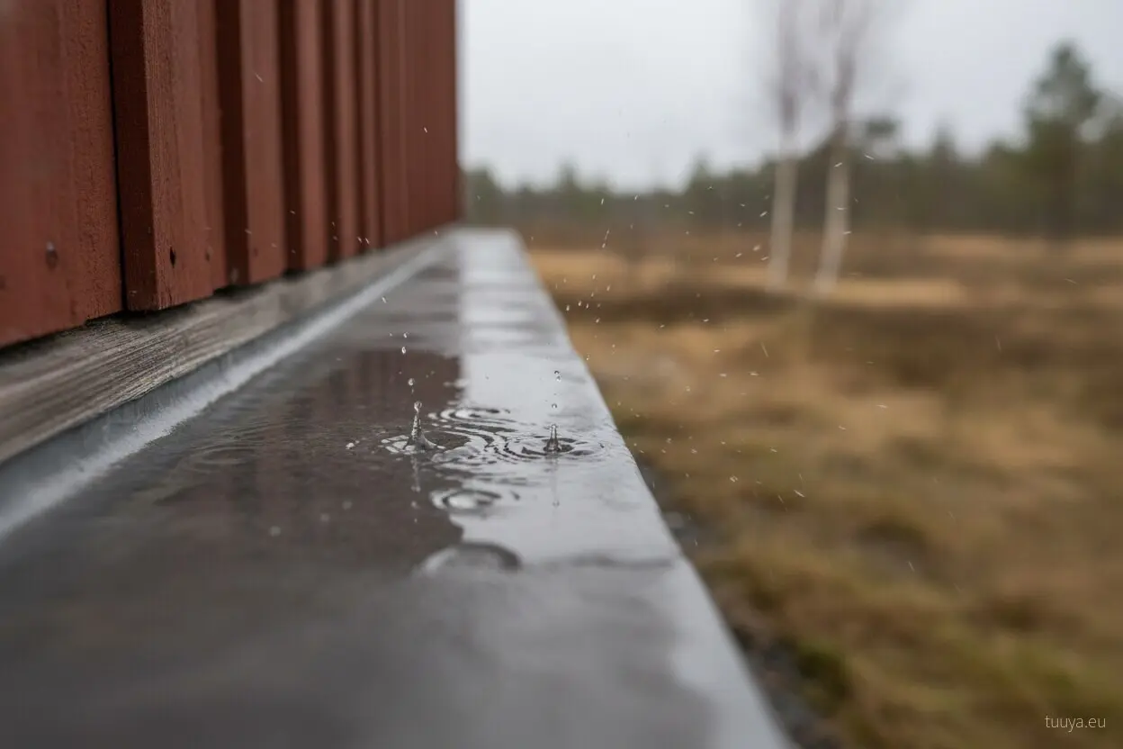 Water standing on a sill flashing. Rain thrown clear at the surface never becomes a question for the layers behind it.