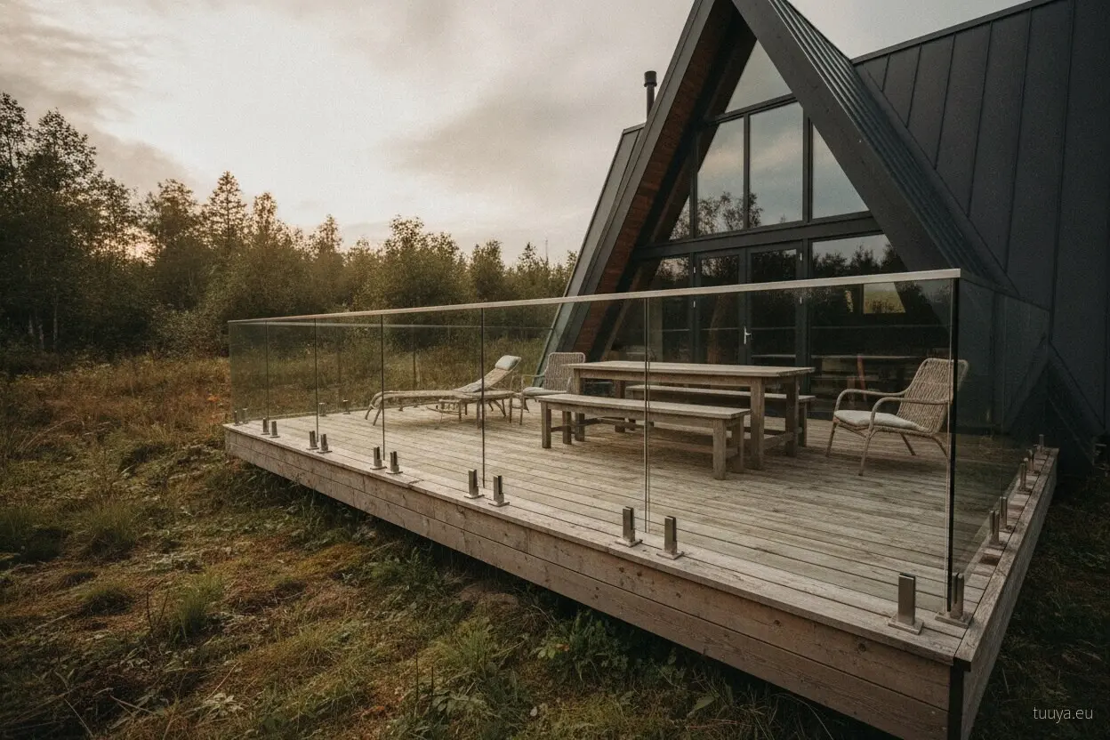 Terase ar āra mēbelēm un stikla margām: A-frame māja izīrēšanai bieži tiek vērtēta tieši pēc āra zonas, un tā arī nolietojas visātrāk.