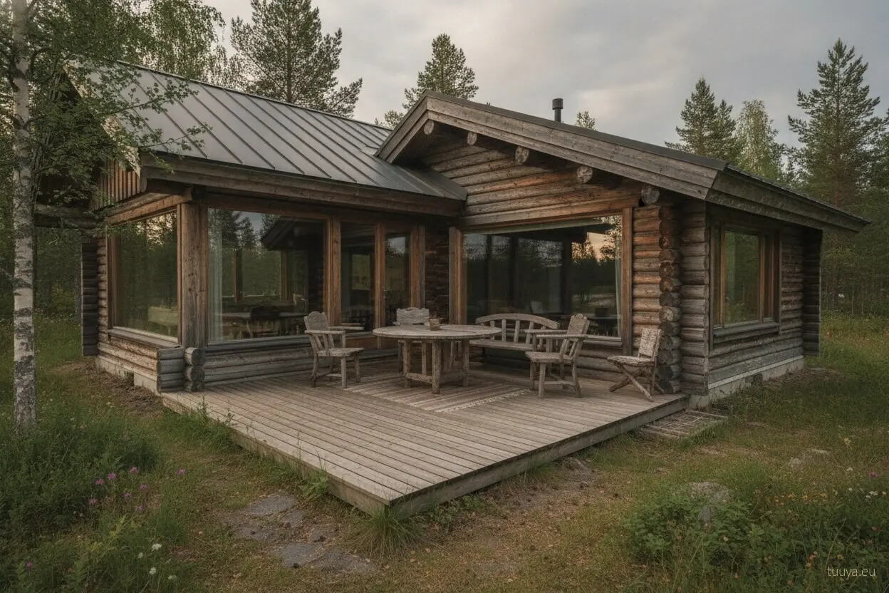 Terrasse vor dem Haus: bei einer Finnhütte als Wochenendhaus verlagert sich im Sommer ein spürbarer Teil der Wohnfläche nach draußen.