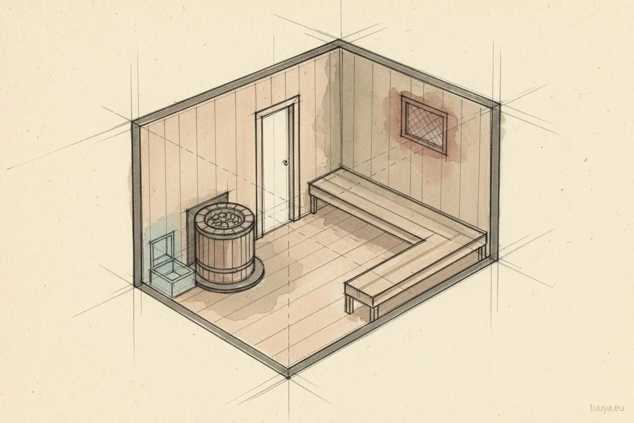 Sauna ventilation in plan: inlet low beside the stove, exhaust high on the opposite wall, so the air has to cross the room.
