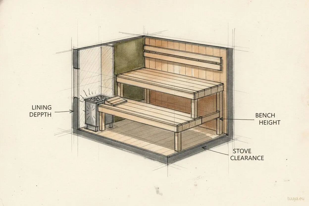 Where DIY sauna cost is really decided: bench height, stove clearance and the depth of lining behind them, drawn in section before anything is cut.
