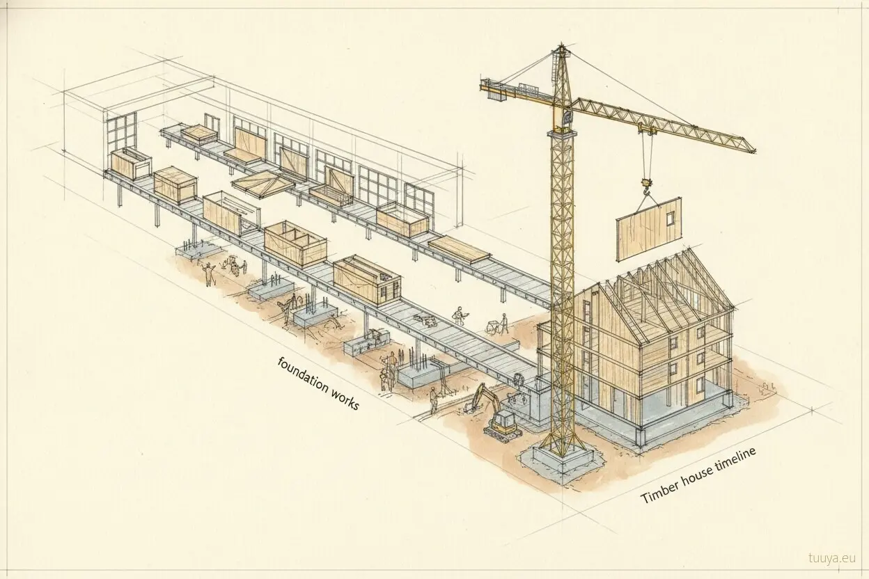 Two tracks toward one date: factory production above, foundation works below, meeting where the timber house timeline calls for a crane.