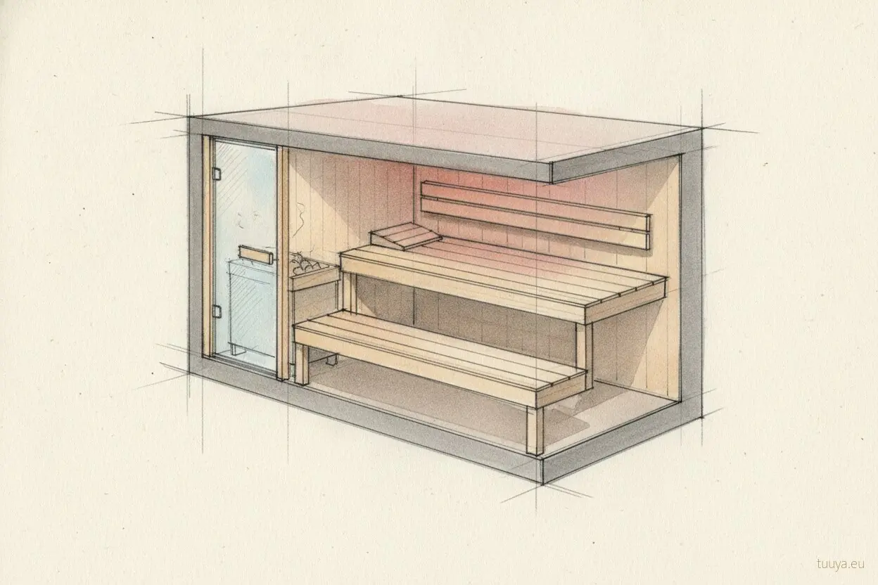Two-tier sauna in section: the upper bench roughly 89 to 106 cm above the floor, the foot bench below it, the warm zone above