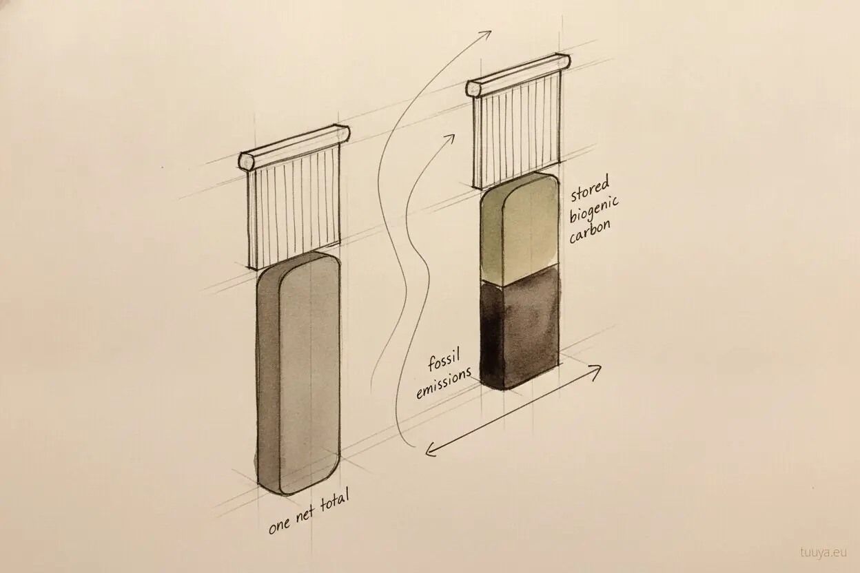 Hand-drawn sketch of two ways to report a wall carbon footprint: one bar labelled one net total, and one bar split into fossil emissions and stored biogenic carbon.
