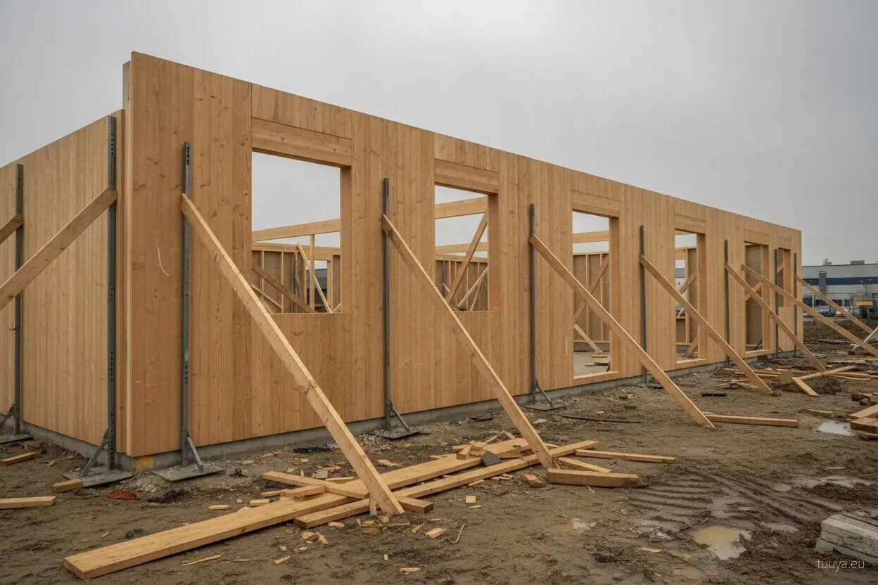 A solid timber external wall on site with its openings already cut. Timber wall soundproofing starts with the weight of this panel.