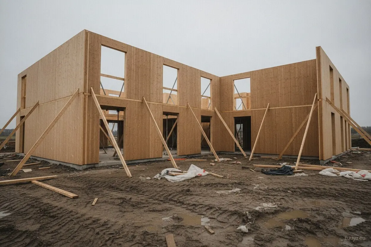 Solid timber walls going up on site. Surface checking generally appears later, once the building is closed in and heated through its first winter.