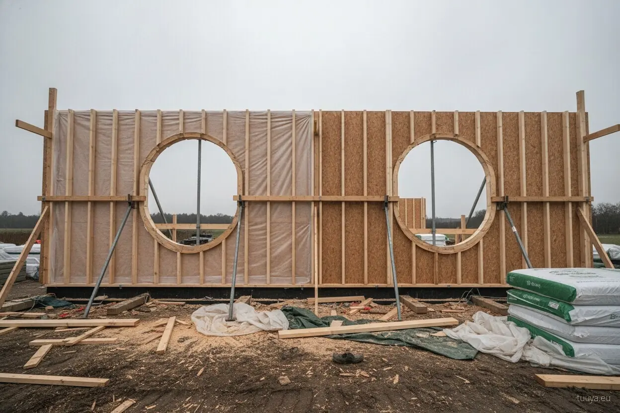 An external timber wall under construction with two oval window openings. While the wall is open like this, every layer that sets its drying reserve is still visible and still changeable.