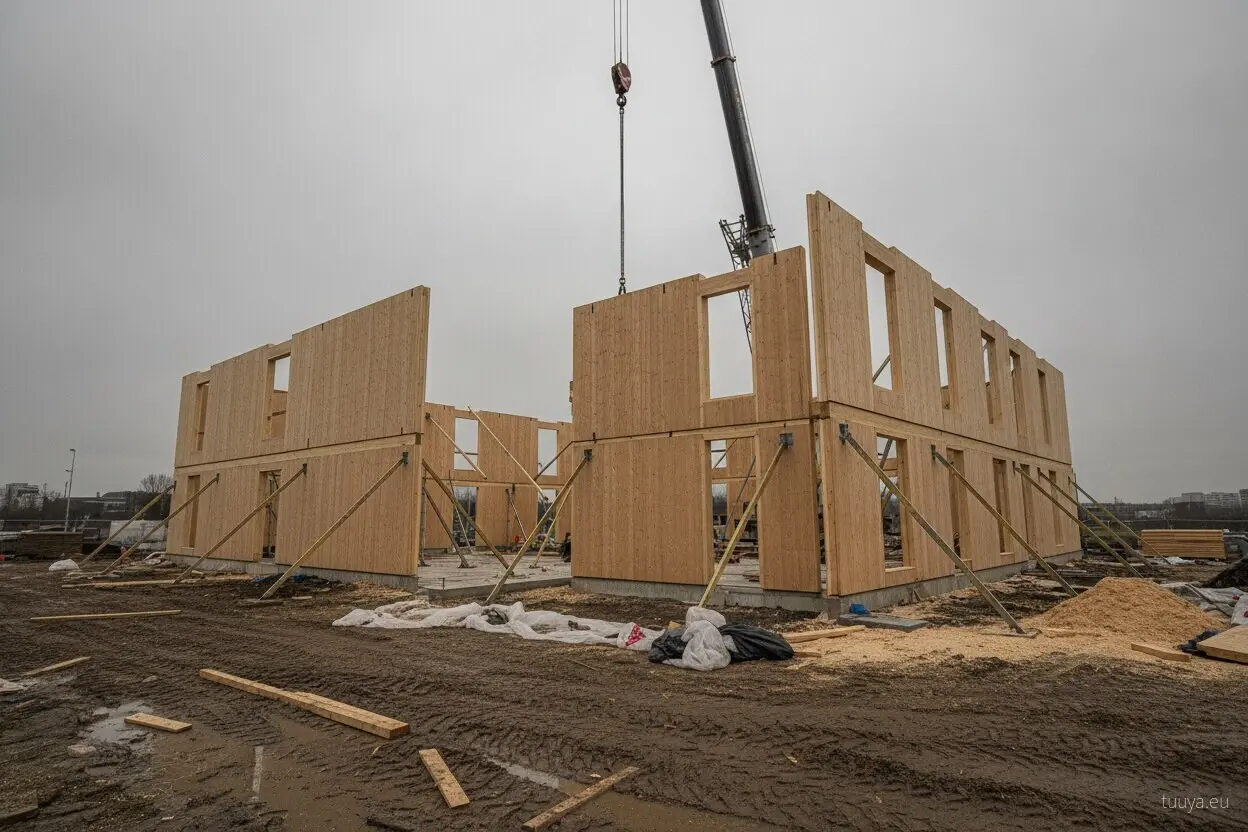 Solid timber wall panels braced with props on a slab, a crane boom and an empty hook above them, muddy ground in the foreground.