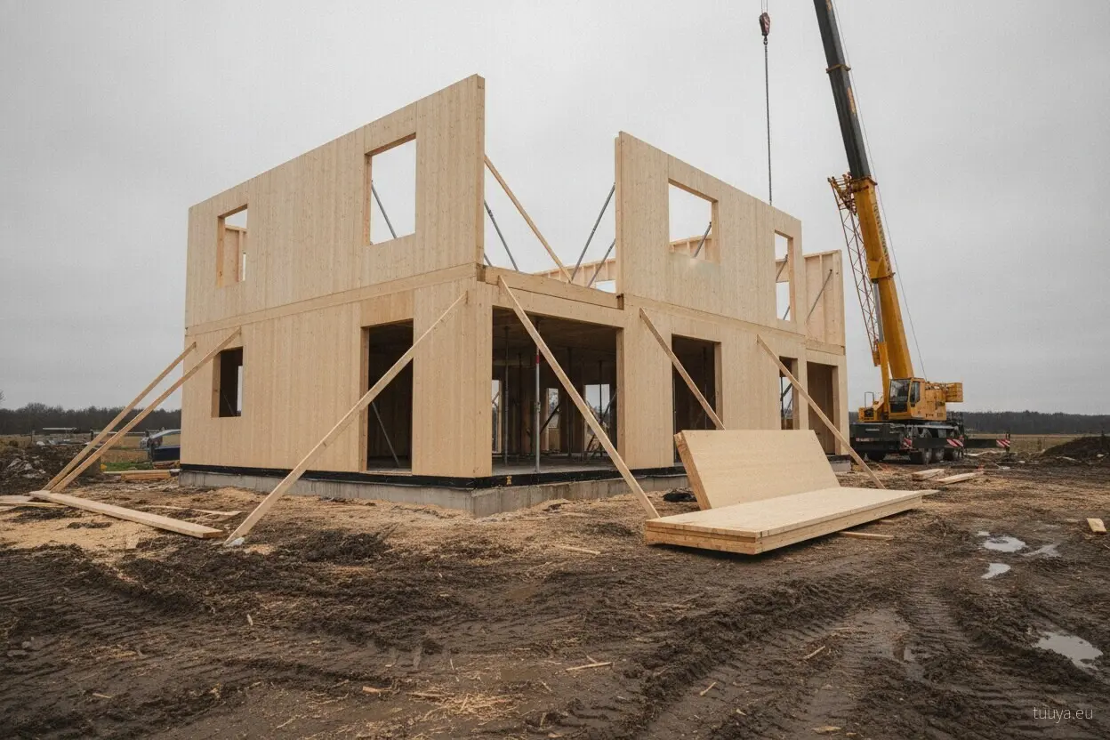Wall elements going up by crane on a timber house site