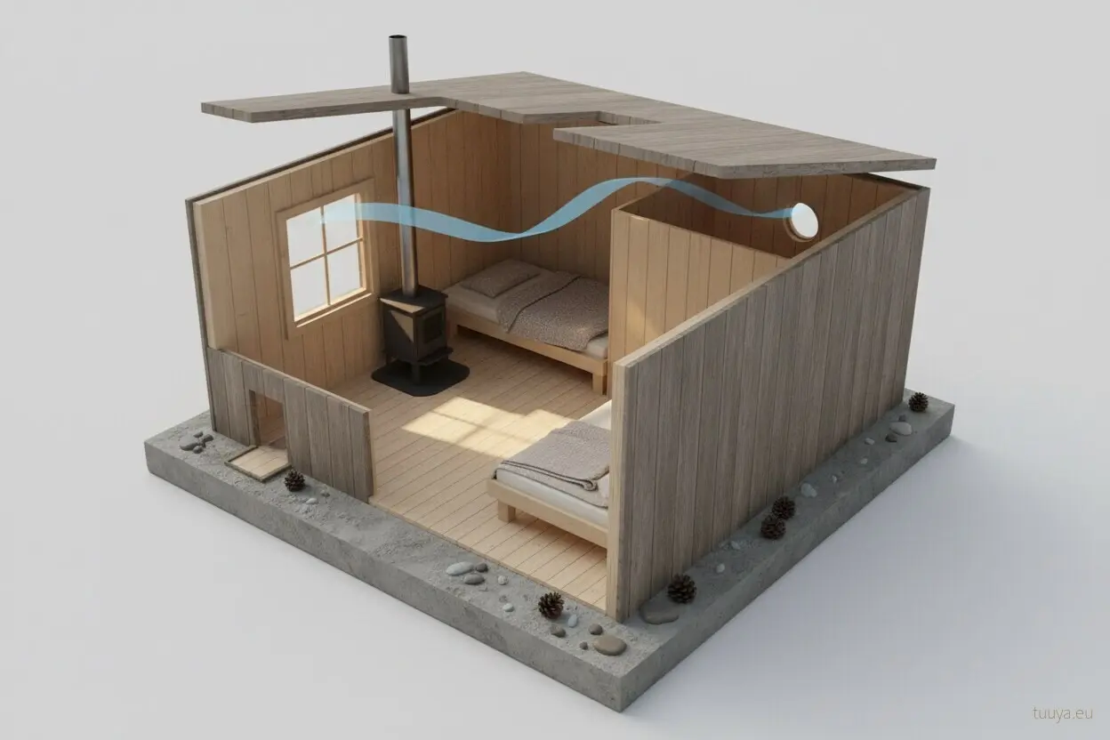 A small cabin from above with the roof lifted away: stove, bench platform, and the diagonal the air has to travel from inlet to outlet.