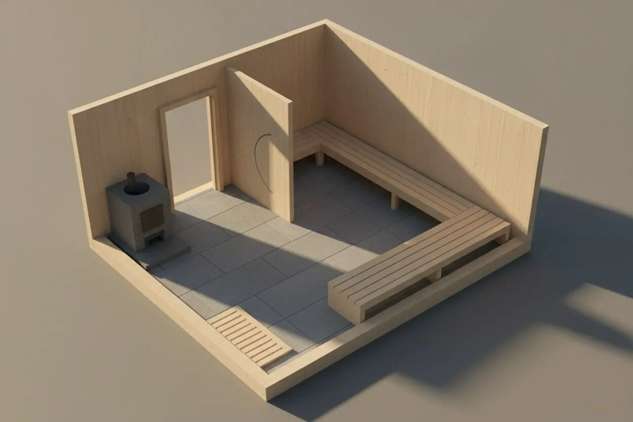 Plan of a small hot room with the roof lifted off: door swing, stove position, the bench run and the low inlet beside the stove.