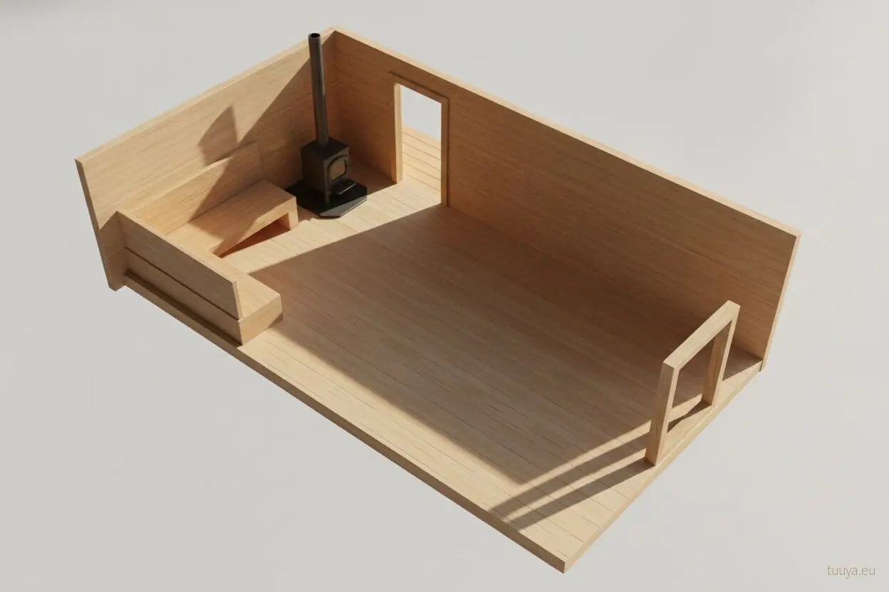 Four-person cabin in plan, roof lifted off: an L-shaped upper bench, the heater beside the door, and the clear floor left for stepping up