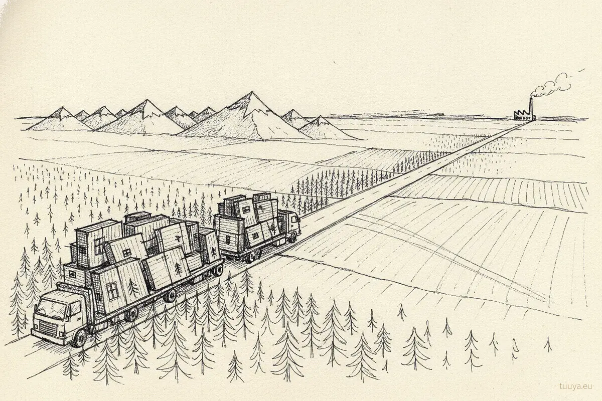 Pen drawing of two lorries loaded with house panels on a long road from a distant factory