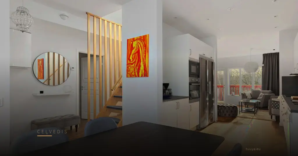 Open living-diner with an open timber stair and oak flooring
