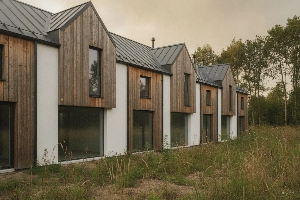 Townhouses finished in white and timber cladding, the outermost layer of the wall and the only one anyone sees once the house is done.