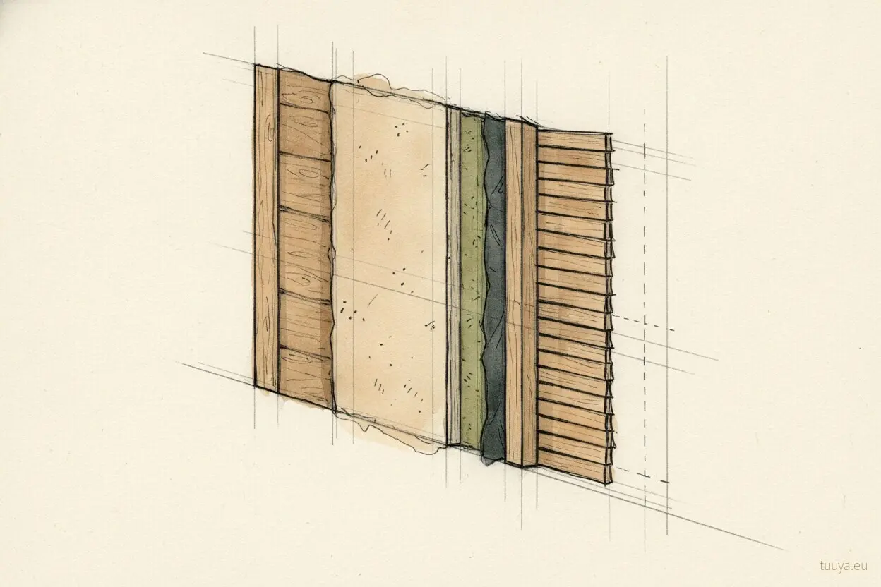 Schematische Skizze eines Wandaufbaus im Schnitt: Massivholz, Dämmung, Fassadenbahn, Lattung und Holzschalung.