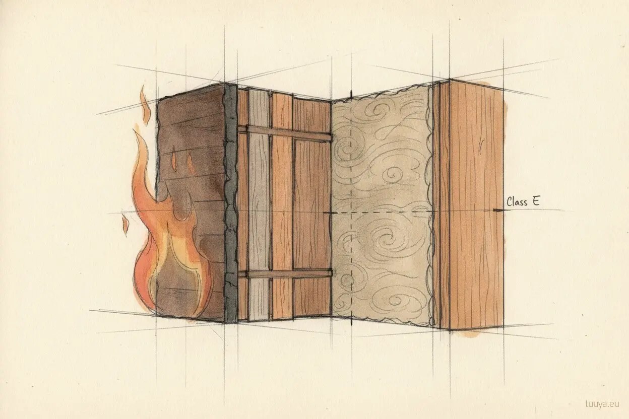 Example build-up, not a tested assembly: fire on the room side meets the timber first, the insulation labelled Class E lies behind it, under an outer timber layer