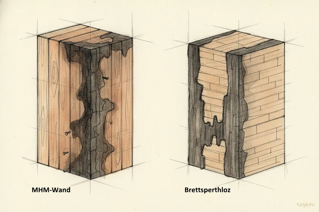 Prinzipskizze zweier Wandschnitte nach Brandbeanspruchung: links die genagelten Brettlagen einer MHM-Wand, rechts die verklebten Lagen von Brettsperrholz, beide auf der Brandseite verkohlt