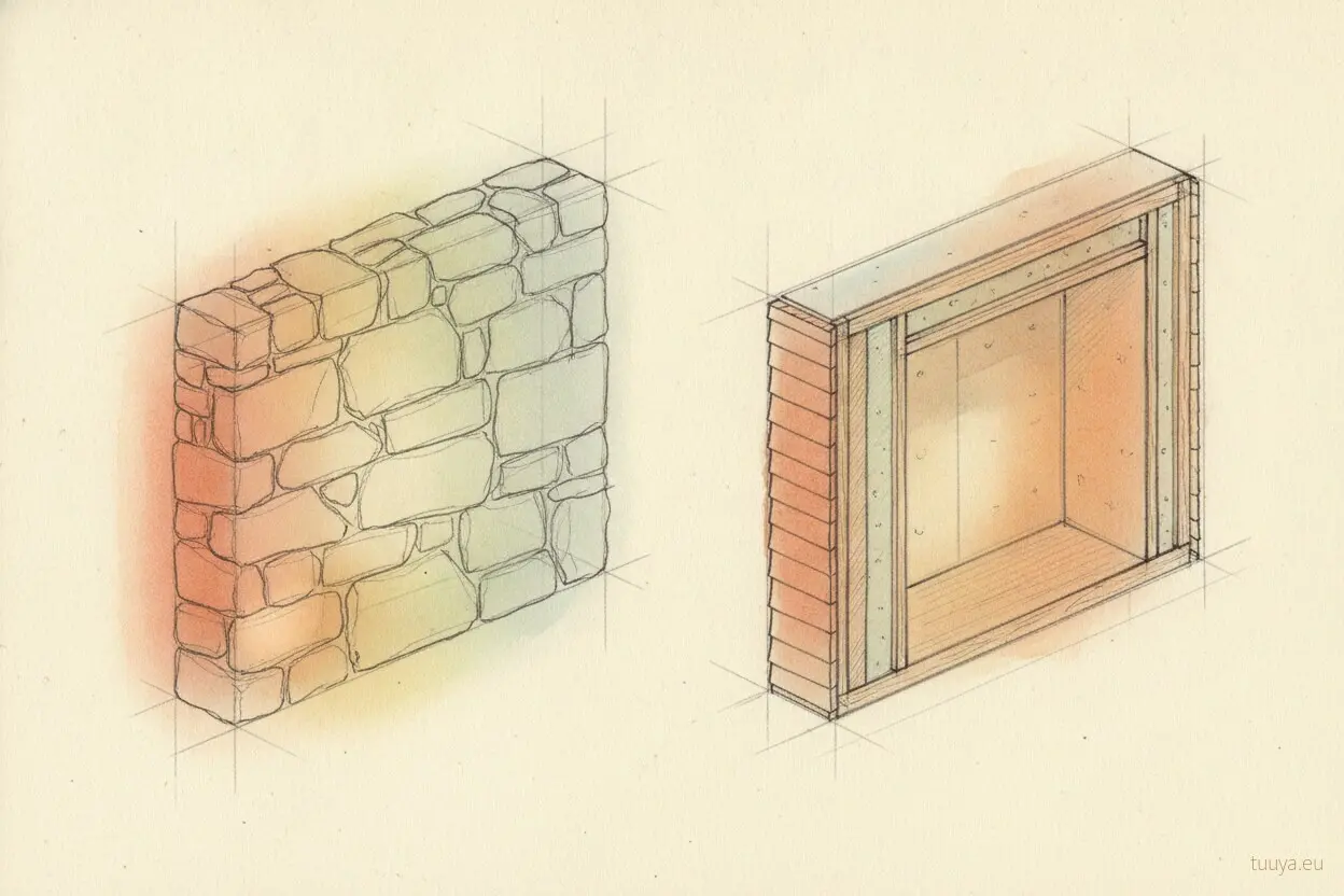 Two wall sections with the same U-value: in the massive one the afternoon heat peak reaches the inner face hours later and smaller, which is what thermal phase shift measures.