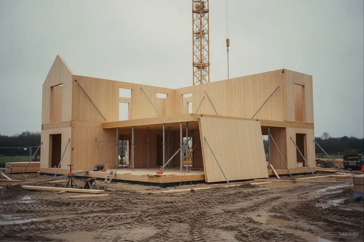 Holzhaus in der Montage mit Kran: An diesem Tag stellt sich heraus, ob die Platte zum Werksplan passt.