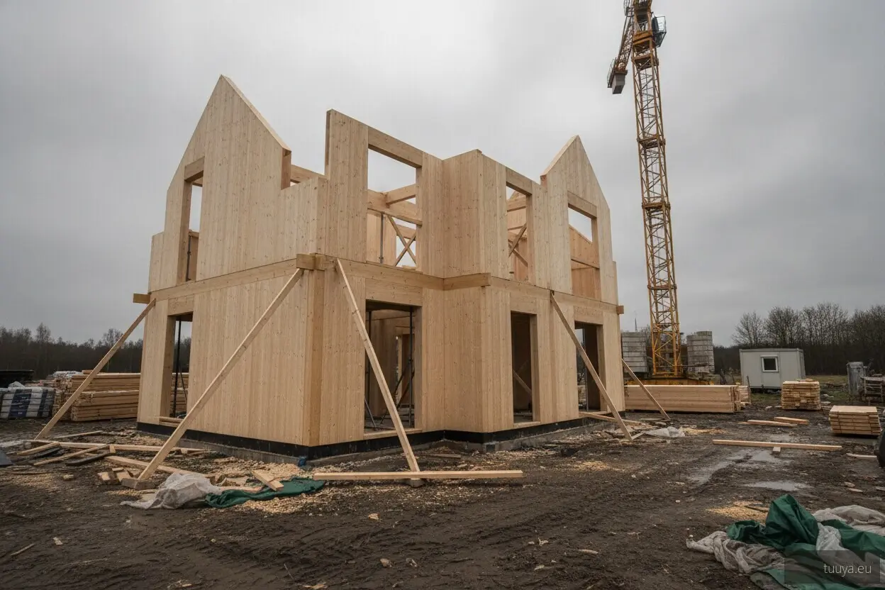 A timber house being assembled on site by crane. Every document in the project file should describe this house, as it is actually being built.