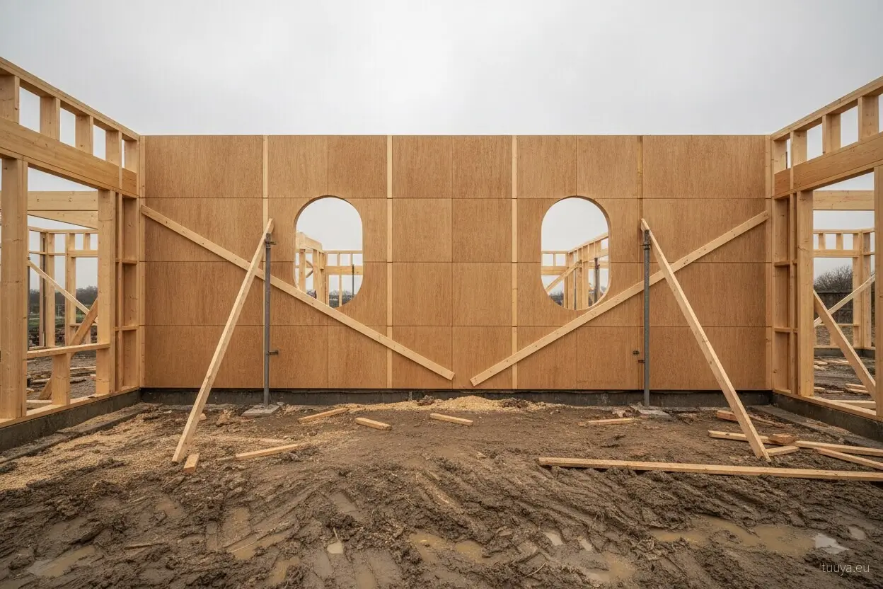 Timber wall on site with two oval window openings cut, before insulation and the outer layers close it in
