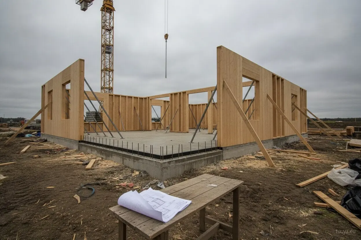 A timber house going up by crane. Before the first panel was lifted, the foundation underneath already had to match the drawings.