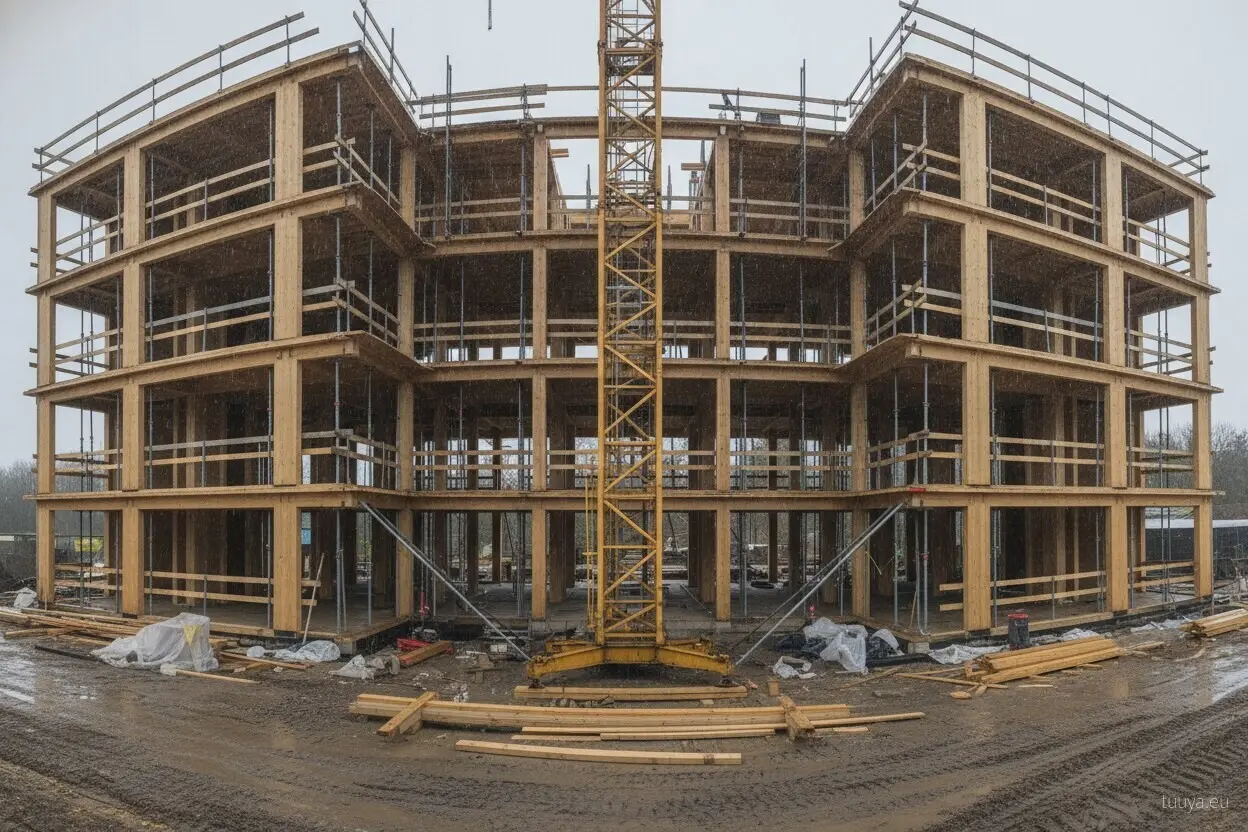 An open shell with the crane still rigged. Until the roof and wall layers go on, every shower lands on bare timber.