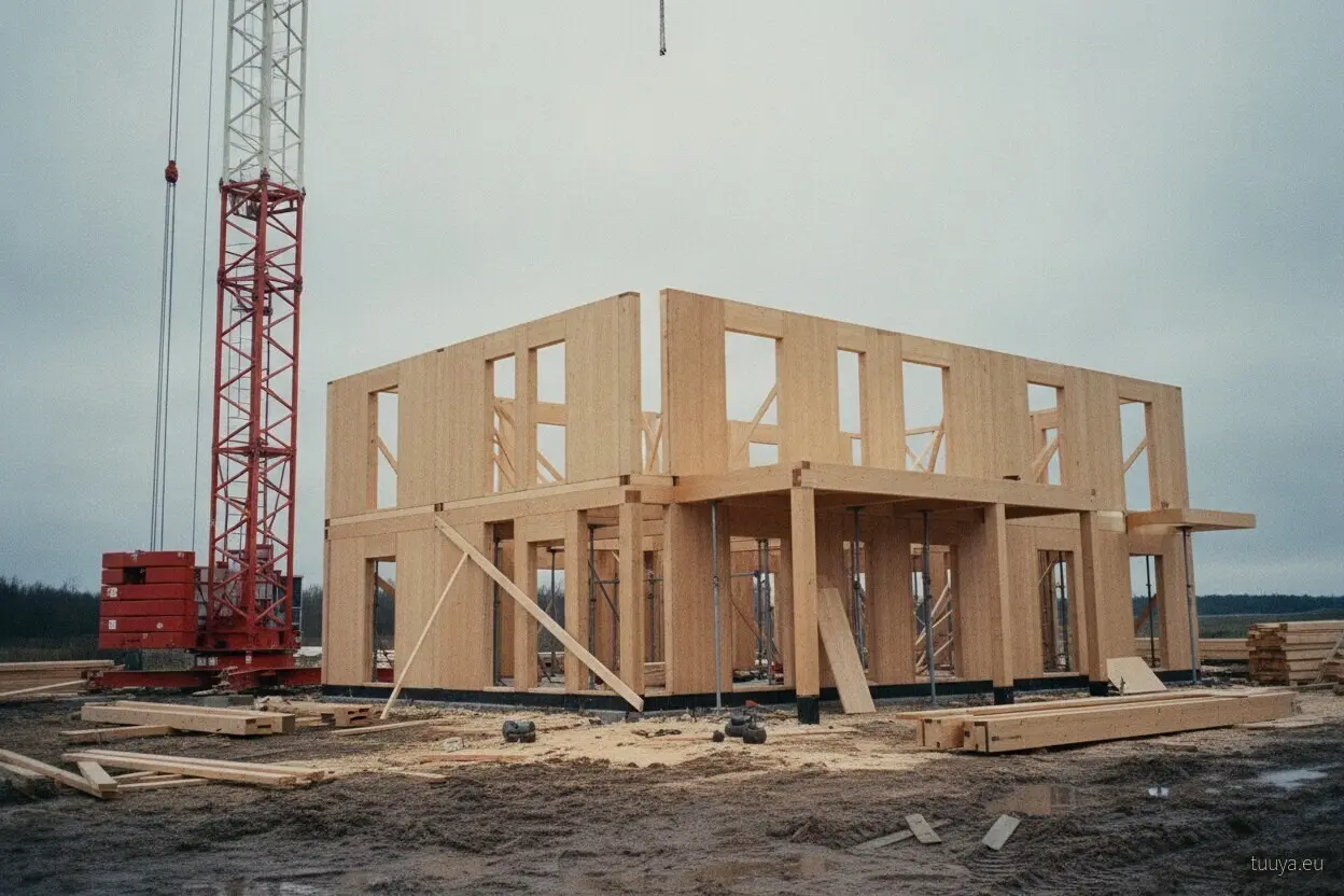 Timber house going up with a crane on site; the delivery moisture records belong on file before this stage