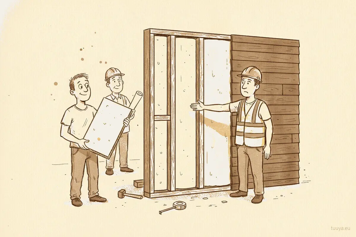 Cartoon: a site engineer gestures at a whole timber wall while a man holds up a single insulation board